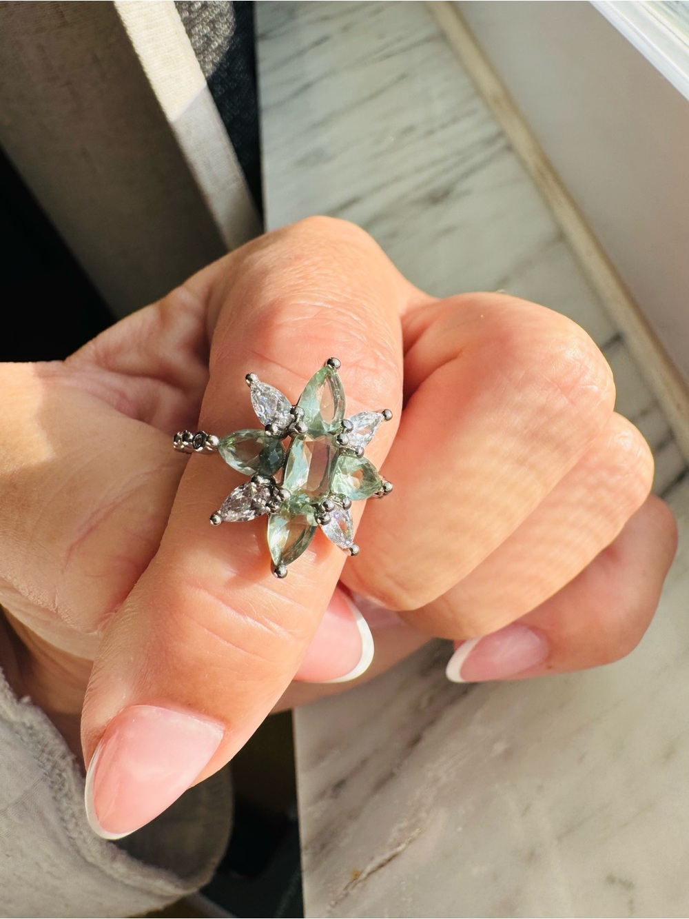 Bomb Party Light Green Topaz Rhodium-Plated Ring - Size 8